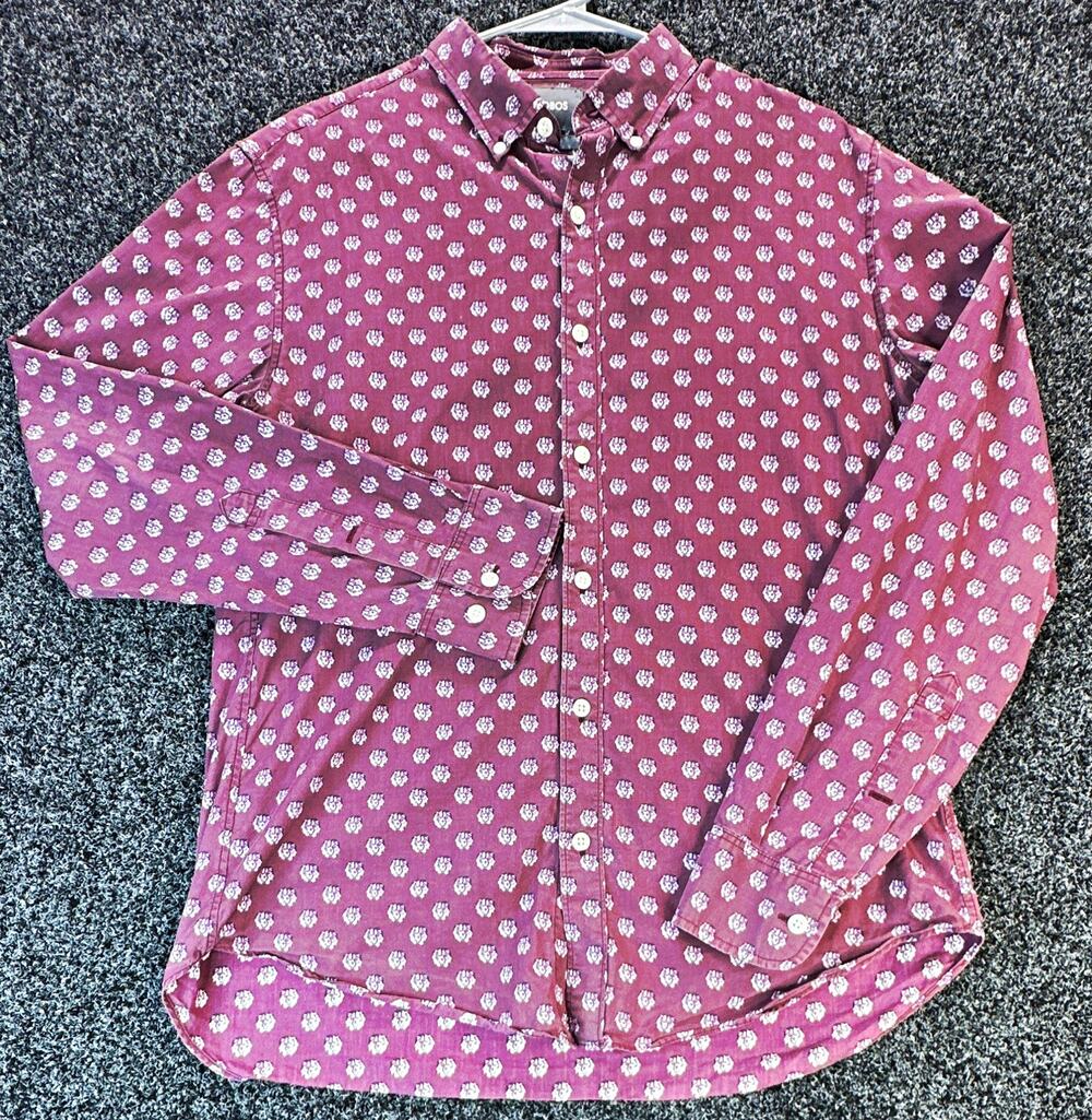 Bonobos Men's M Burgundy White Cotton Woven Lion Print L/S Button-Down Shirt
